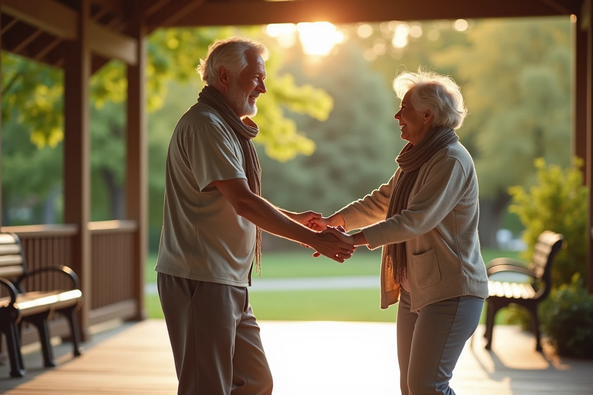 Couple de seniors dansant dans un parc en plein air ensoleille