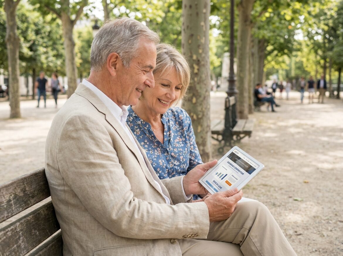 Couple de seniors consultant une mutuelle santé sur tablette dans un parc