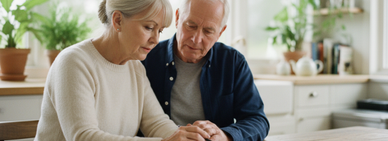 Couple senior discutant de documents d'assurance santé à la maison