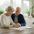 Couple senior discutant de documents d'assurance santé à la maison