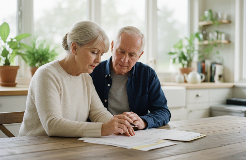 Couple senior discutant de documents d'assurance santé à la maison