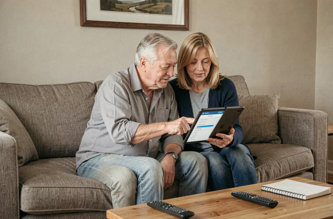 Couple de seniors sécurisant leur compte en ligne ensemble sur une tablette dans leur salon