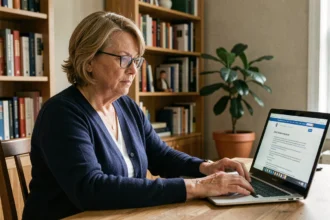 Femme de 50 ans créant son espace personnel Carsat sur un ordinateur portable dans un bureau à domicile