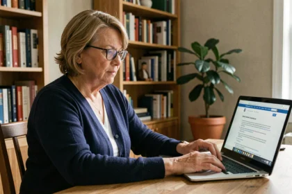 Femme de 50 ans créant son espace personnel Carsat sur un ordinateur portable dans un bureau à domicile