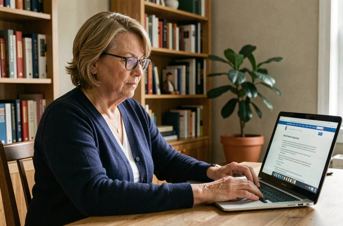 Femme de 50 ans créant son espace personnel Carsat sur un ordinateur portable dans un bureau à domicile