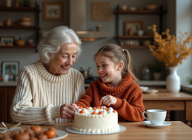 Une femme âgée et une jeune fille décorent un gâteau ensemble