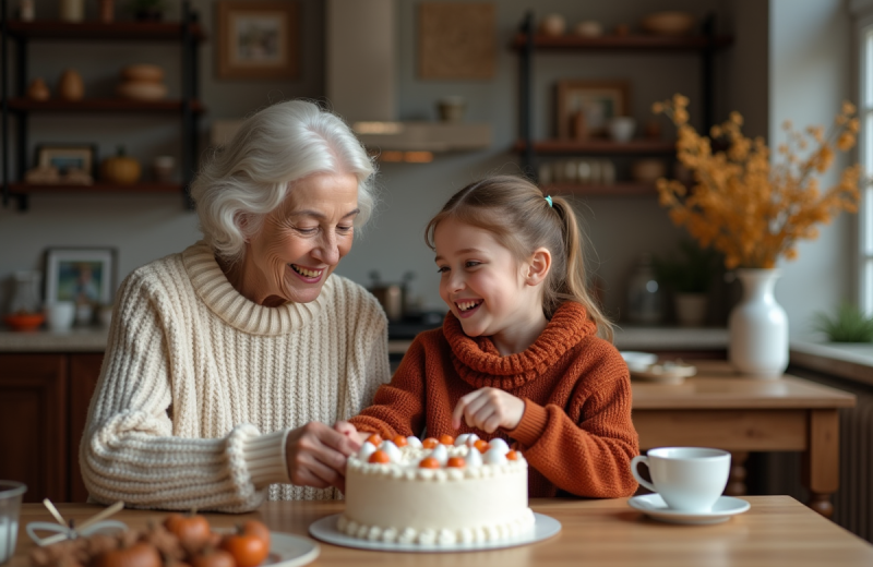 Une femme âgée et une jeune fille décorent un gâteau ensemble