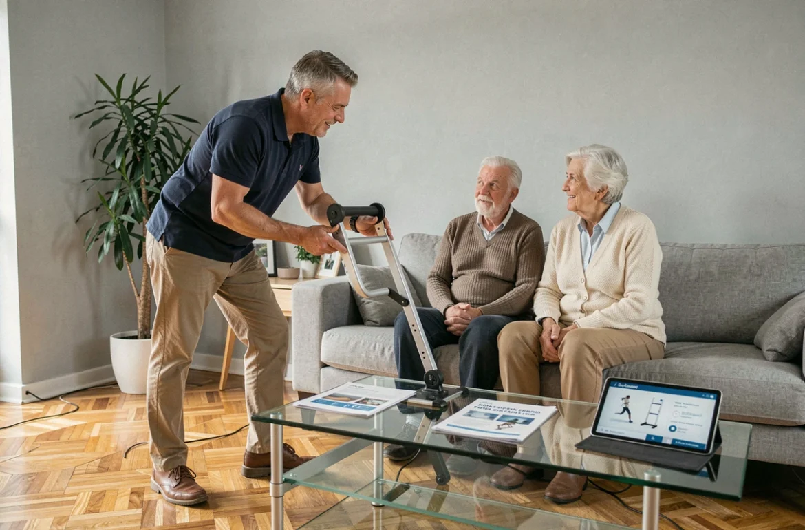 Vendeur présentant un monte escalier mobile sans installation à un couple de personnes âgées dans un appartement moderne