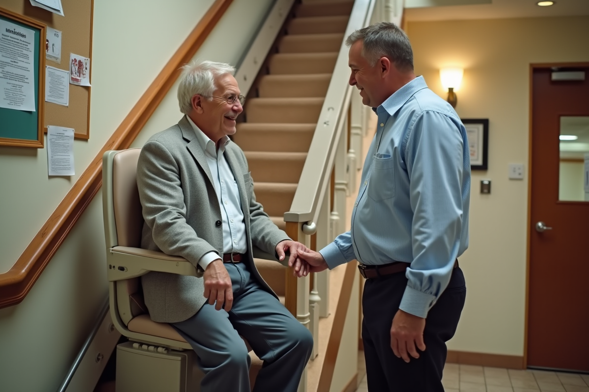 Employe municipal montrant comment utiliser un monte-escalier