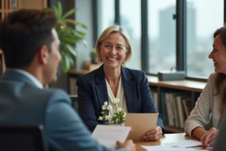 Collègues réunis autour d'une femme souriante à la retraite tenant une carte et des fleurs dans un bureau moderne