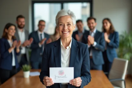 Femme souriante partant à la retraite tenant un discours d'adieu entourée de collègues dans un bureau moderne