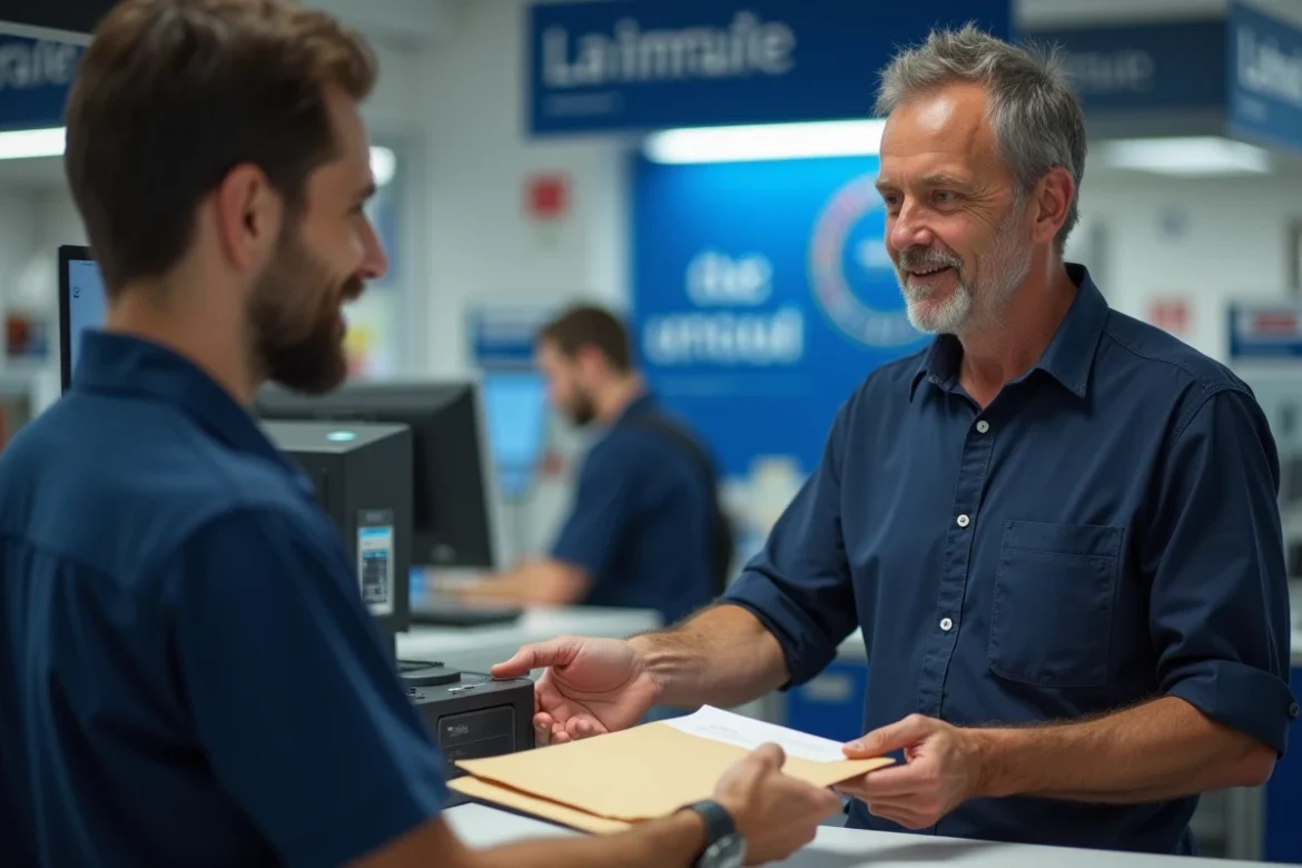 Homme remettant une enveloppe de documents retraite à un guichet de la Poste pour envoi à Agirc Arrco
