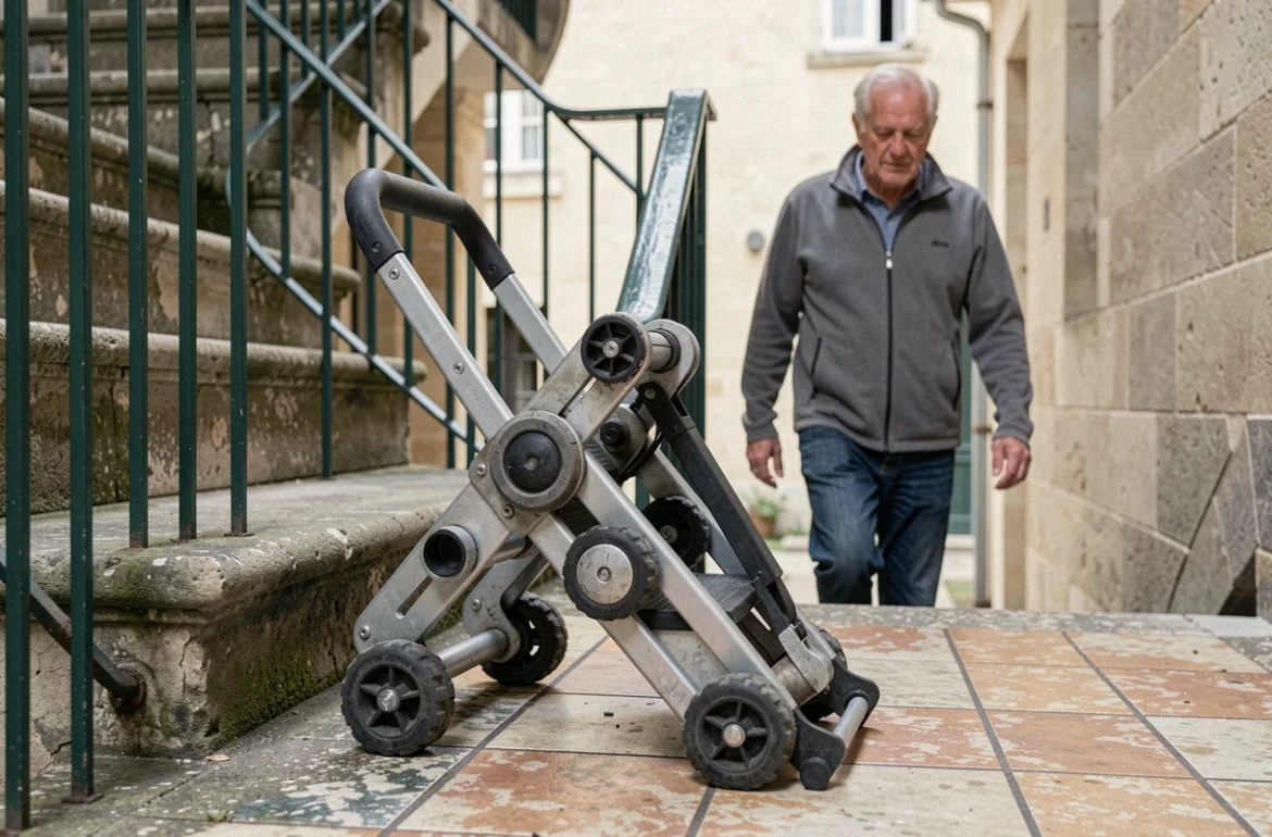 Détail d'un monte escalier mobile posé sur un palier d'immeuble parisien avec personne âgée en arrière-plan