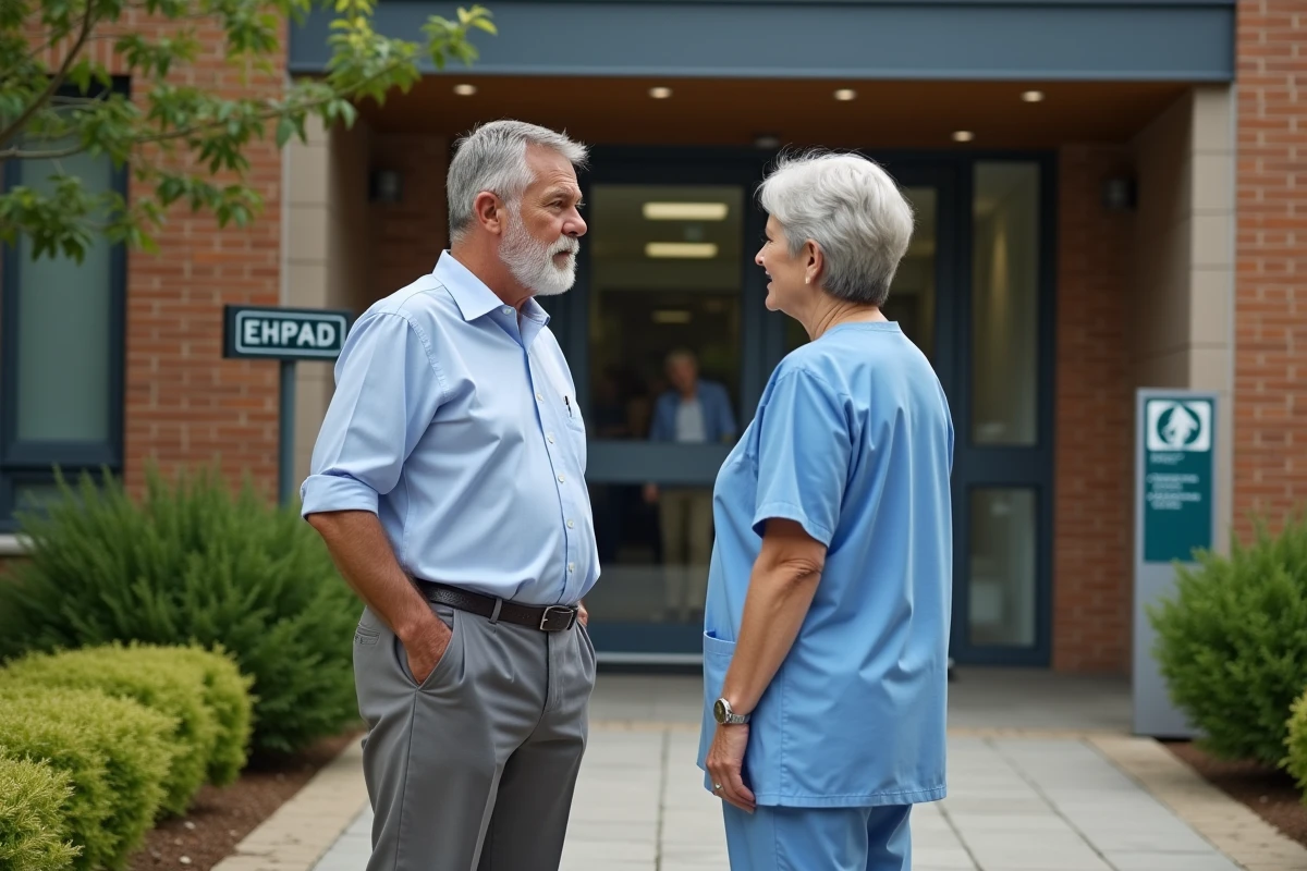 Homme et aidant discutant devant une maison de retraite