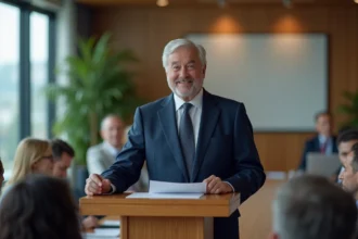 Homme senior prononçant un discours de départ en retraite devant ses collègues dans une salle de réunion moderne