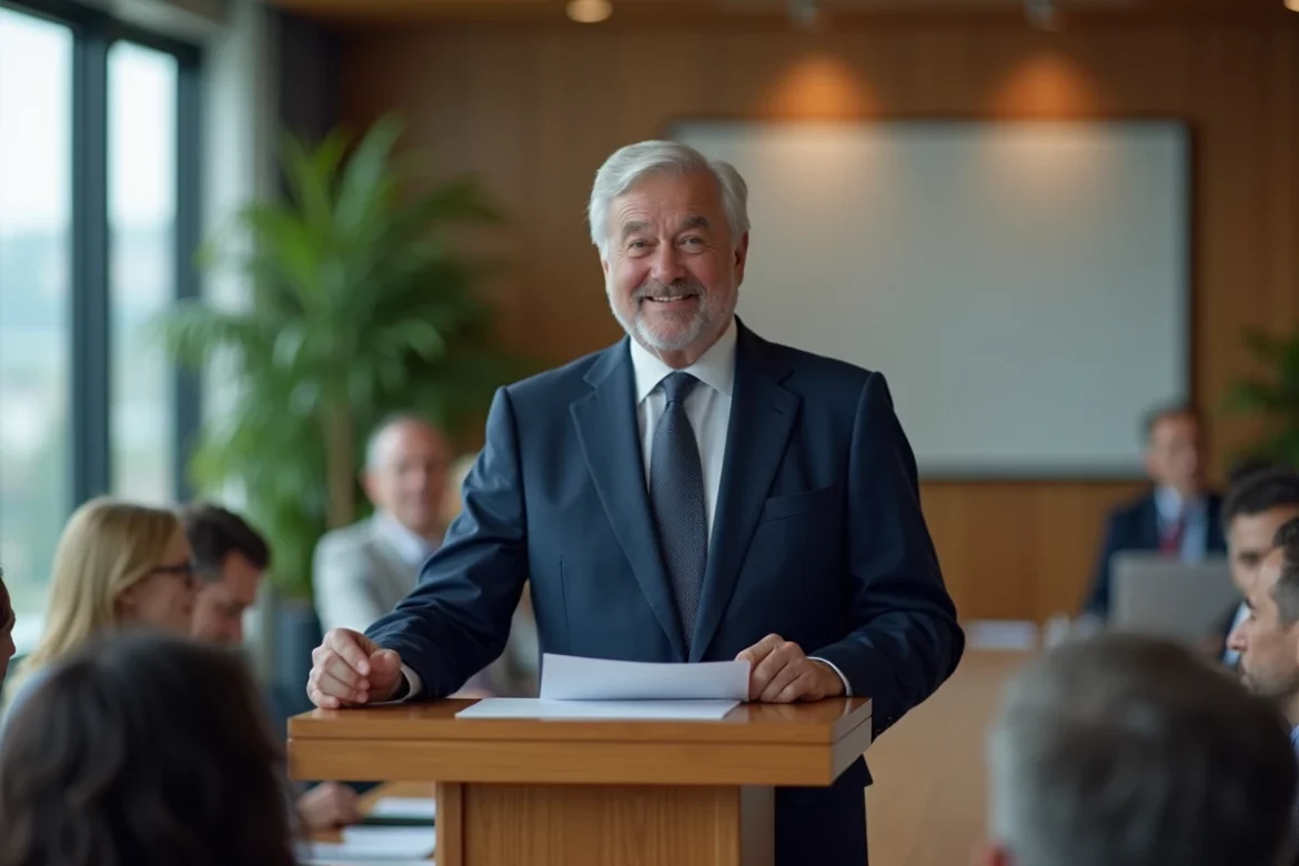 Homme senior prononçant un discours de départ en retraite devant ses collègues dans une salle de réunion moderne