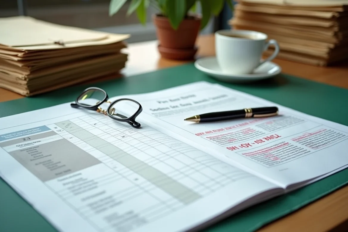 Gros plan sur des documents officiels de pension de retraite française avec un stylo plume sur un bureau administratif