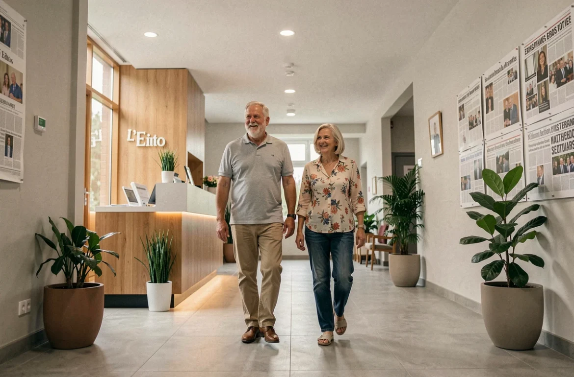 Couple de seniors traversant le hall moderne de la résidence DOMITYS L'Edito à Amiens