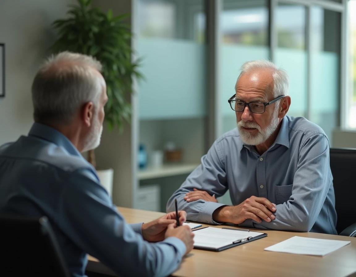 Entretien entre un travailleur social et une personne âgée dans le cadre d'une curatelle