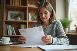 Femme de 50 ans préparant des documents à envoyer à Agirc Arrco depuis son bureau à domicile