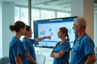 Équipe soignante réunie autour d'un écran tactile pour découvrir le logiciel NETSoins colisée en salle de réunion hospitalière