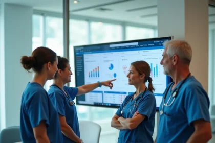 Équipe soignante réunie autour d'un écran tactile pour découvrir le logiciel NETSoins colisée en salle de réunion hospitalière