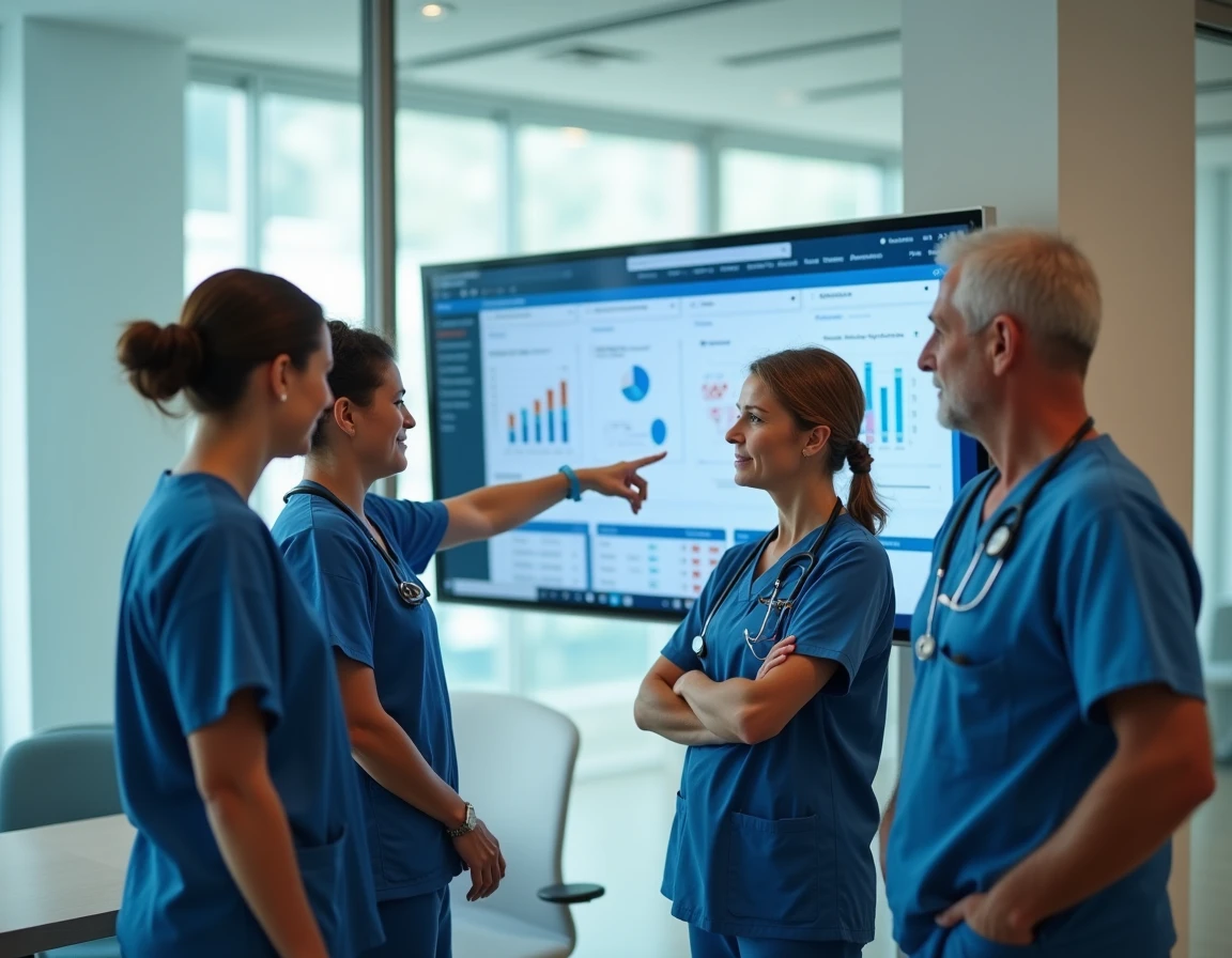 Équipe soignante réunie autour d'un écran tactile pour découvrir le logiciel NETSoins colisée en salle de réunion hospitalière