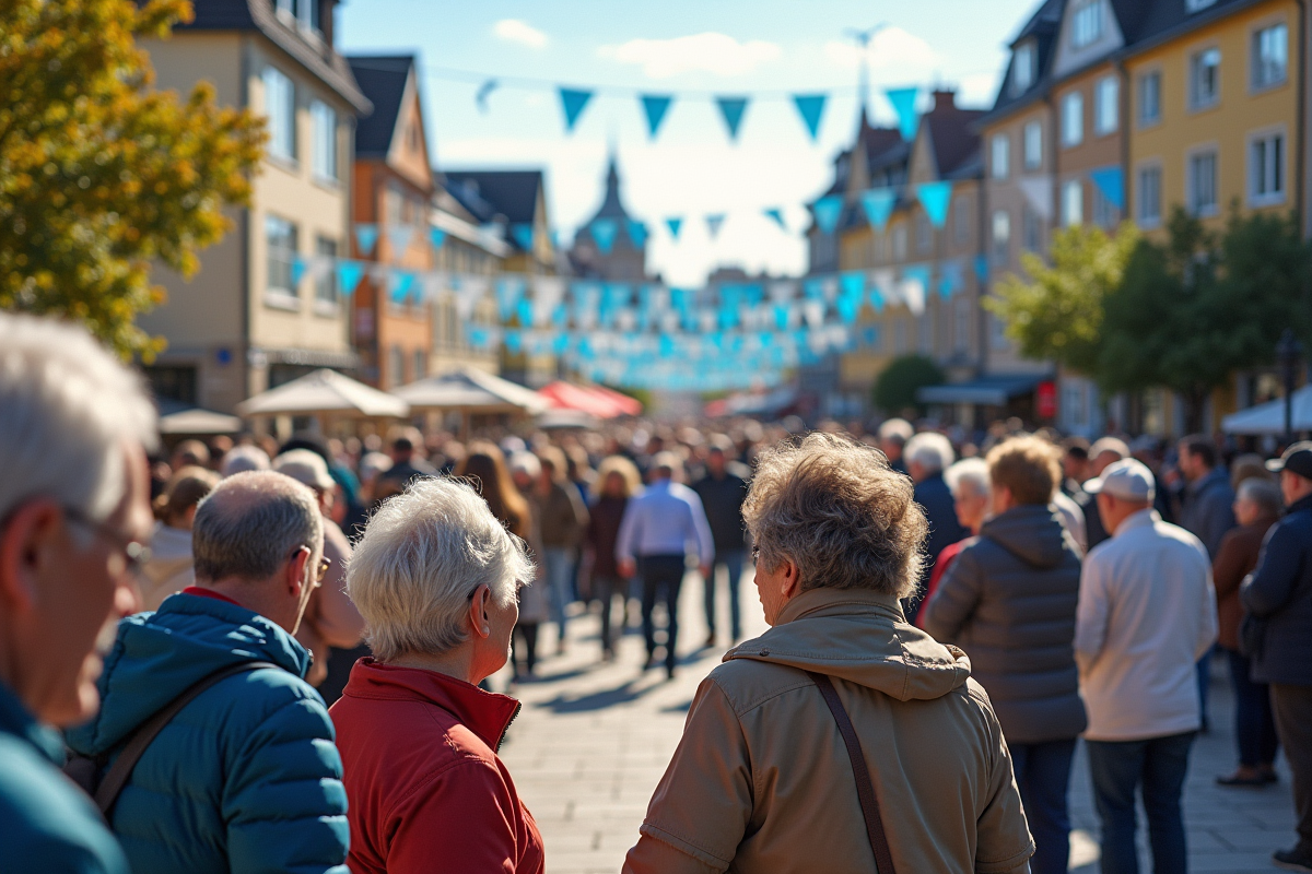 Foule diverse de seniors participant à un événement dans une place moderne