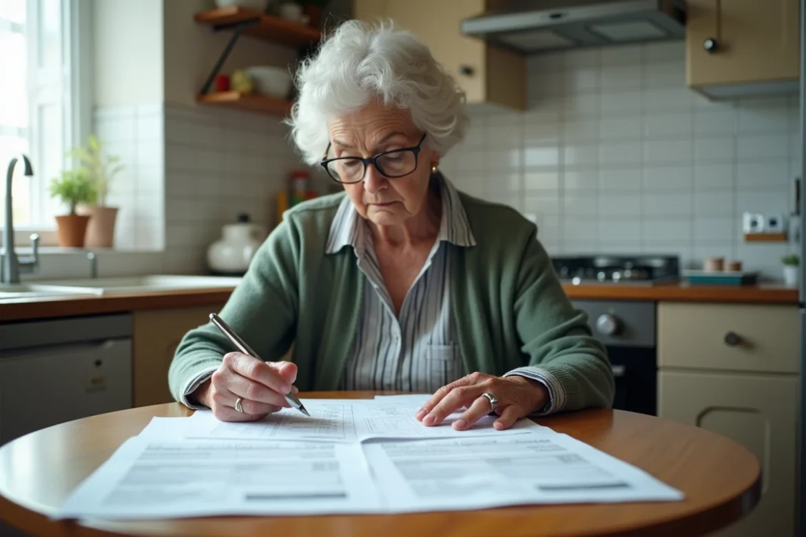 Femme âgée consultant des factures de portage repas à domicile pour déduction fiscale avantage impôt
