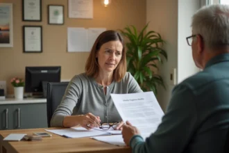 Famille en train de consulter les documents d'admission pour un séjour temporaire en Ehpad avec une coordinatrice de l'établissement