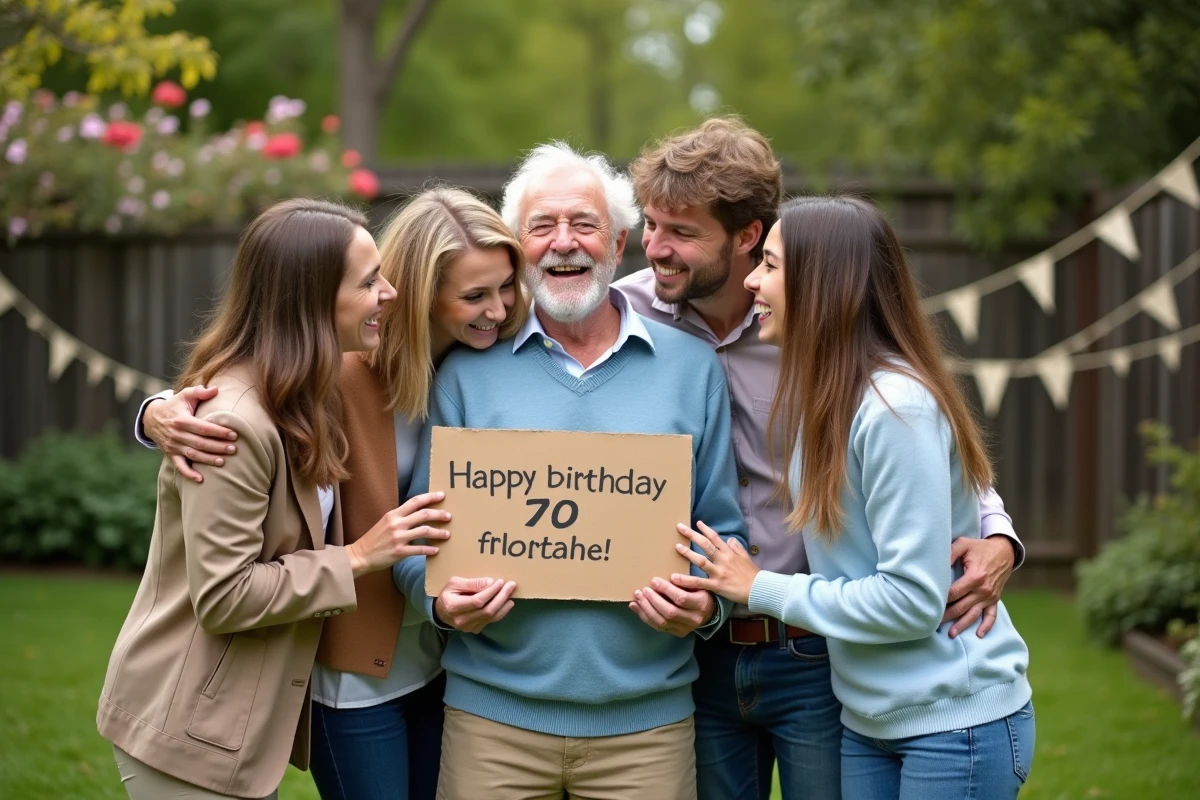 Famille heureuse entourant un homme de 70 ans dans un jardin fleuri