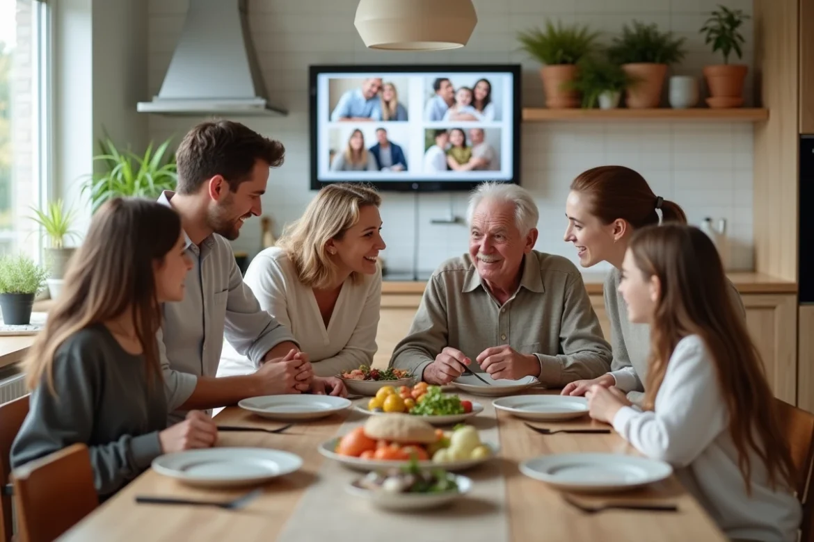 Famille recomposée réunie autour d'un cadre photo connecté affiché au mur de la cuisine moderne