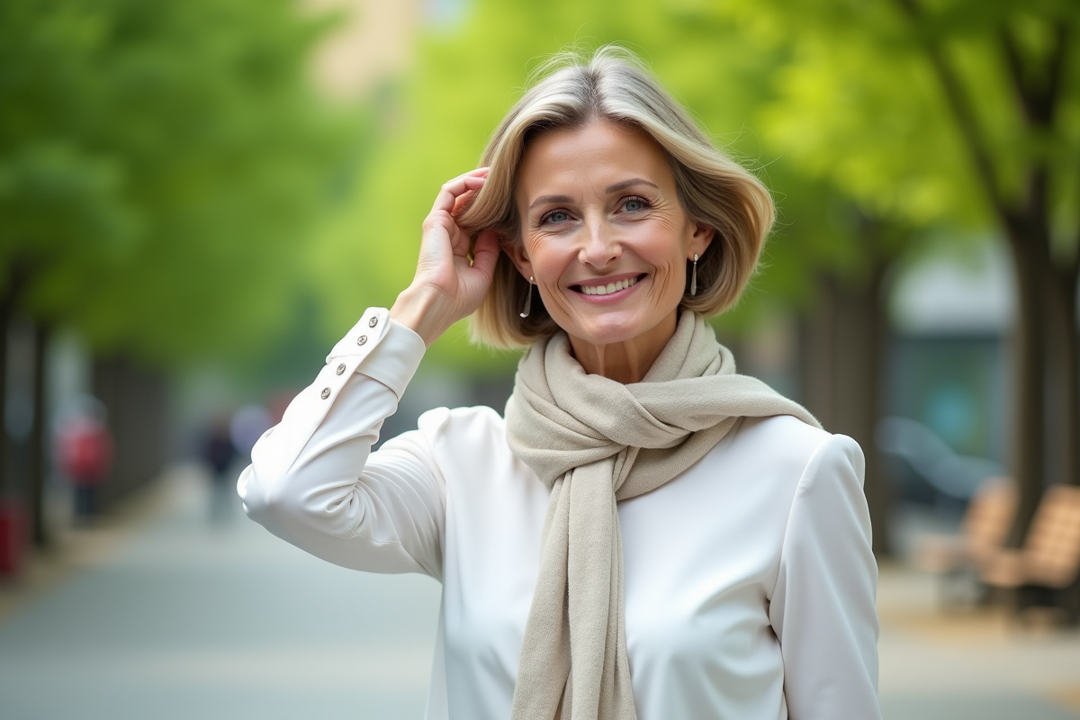 Femme de 60 ans coiffure moderne en plein air
