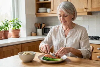 Femme de 65 ans préparant un repas riche en protéines avec saumon, quinoa et légumes verts dans une cuisine moderne