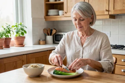 Femme de 65 ans préparant un repas riche en protéines avec saumon, quinoa et légumes verts dans une cuisine moderne