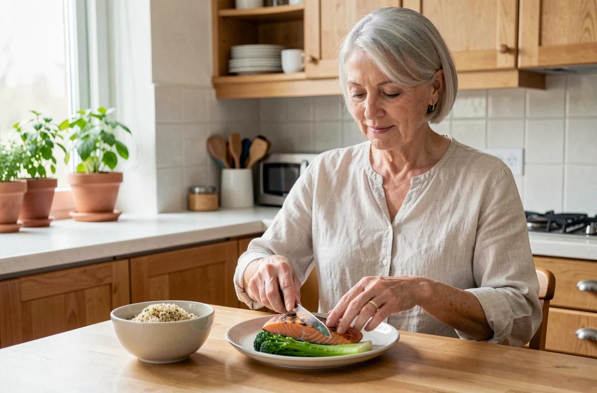 Femme de 65 ans préparant un repas riche en protéines avec saumon, quinoa et légumes verts dans une cuisine moderne