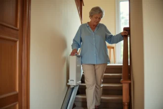 Une femme âgée utilisant un ascenseur portable sur un escalier résidentiel en bois à l'intérieur d'une maison française