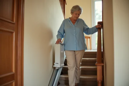 Une femme âgée utilisant un ascenseur portable sur un escalier résidentiel en bois à l'intérieur d'une maison française