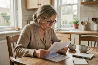 Femme âgée qui examine ses documents financiers à la table de cuisine pour déclarer son épargne et conserver l'ASPA