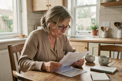 Femme âgée qui examine ses documents financiers à la table de cuisine pour déclarer son épargne et conserver l'ASPA