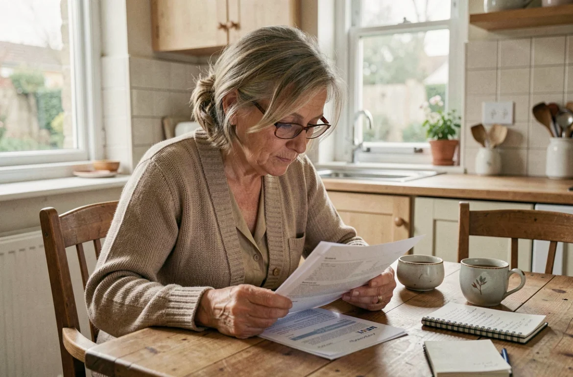 Femme âgée qui examine ses documents financiers à la table de cuisine pour déclarer son épargne et conserver l'ASPA