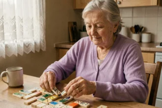 Femme âgée jouant aux dominos à table pour stimuler la mémoire en cas d'Alzheimer léger