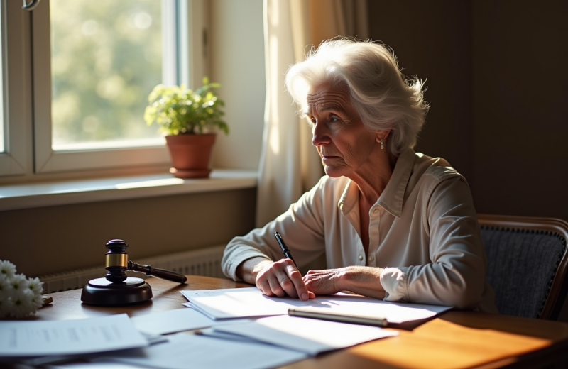 Femme agee assise à une table en regardant des papiers juridiques