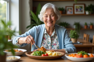 Femme âgée souriante servant un repas sain à la maison