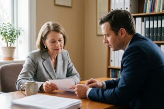 Une femme âgée signe un contrat obsèques avec un conseiller dans un bureau d'assurance