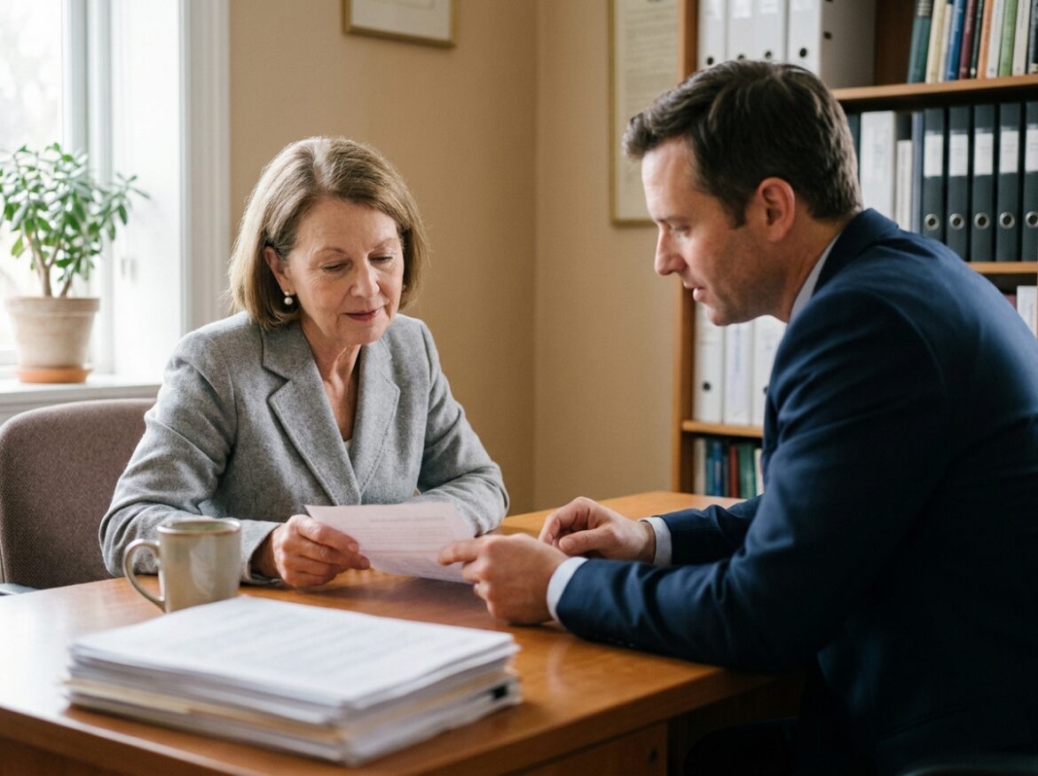 Une femme âgée signe un contrat obsèques avec un conseiller dans un bureau d'assurance