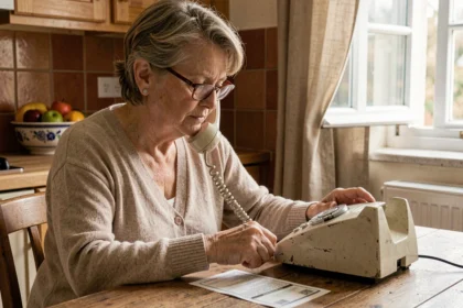 Une femme âgée compose un numéro sur un téléphone fixe filaire dans une cuisine chaleureuse, avec une facture Orange posée sur la table