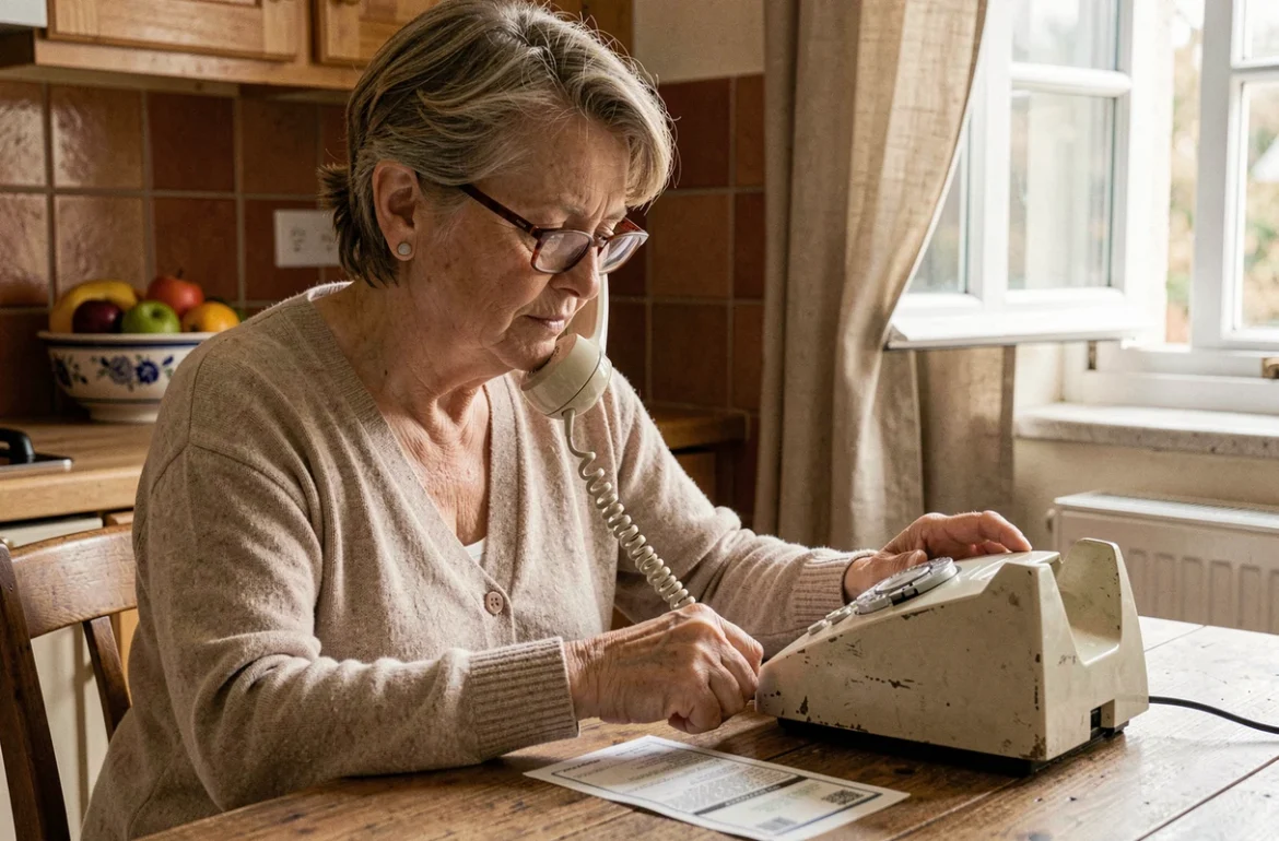 Une femme âgée compose un numéro sur un téléphone fixe filaire dans une cuisine chaleureuse, avec une facture Orange posée sur la table