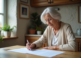 Femme âgée lisant des documents à la maison