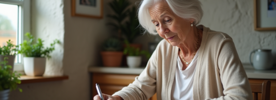 Femme âgée lisant des documents à la maison